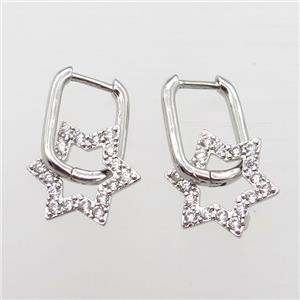 copper Latchback Earrings paved zircon, star, platinum plated, approx 15mm, 12-16mm [FN16583]