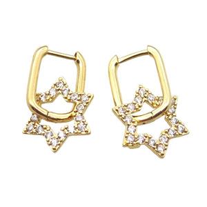 copper Latchback Earrings paved zircon, star, gold plated, approx 15mm, 12-16mm [FN16584]