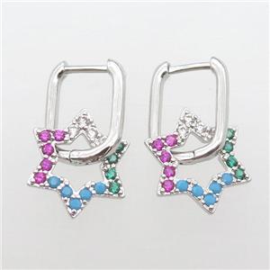 copper Latchback Earrings paved zircon, star, platinum plated, approx 15mm, 12-16mm [FN16585]
