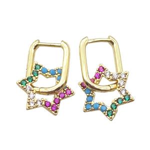 copper Latchback Earrings paved zircon, star, gold plated, approx 15mm, 12-16mm [FN16586]