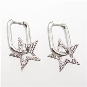 copper Latchback Earrings paved zircon, star, platinum plated, approx 15mm, 12-16mm [FN16591]