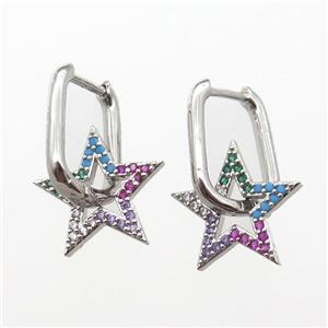 copper Latchback Earrings paved zircon, star, platinum plated, approx 15mm, 12-16mm [FN16592]