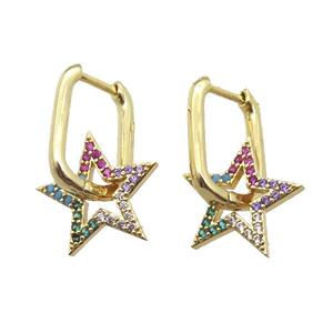 copper Latchback Earrings paved zircon, star, gold plated, approx 15mm, 12-16mm [FN16594]