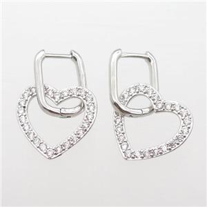 copper Latchback Earrings paved zircon, heart, platinum plated, approx 18mm, 12-16mm [FN16598]