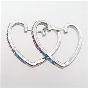 copper Latchback Earrings paved zircon, heart, platinum plated, approx 22mm [FN16601]