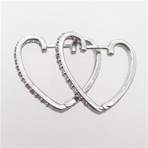 copper Latchback Earrings paved zircon, heart, platinum plated, approx 22mm [FN16602]