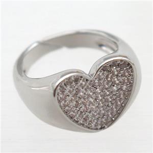 copper Rings pave zircon, heart, Resizable, platinum plated, approx 14mm, 18mm dia [FN16619]