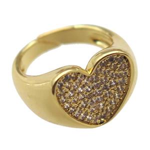copper Rings pave zircon, heart, Resizable, gold plated, approx 14mm, 18mm dia [FN16620]