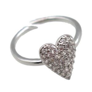 copper Rings pave zircon, heart, Resizable, platinum plated, approx 10-12mm, 20mm dia [FN16623]