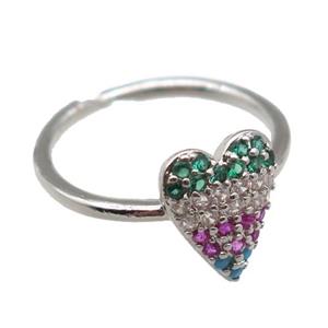 copper Rings pave zircon, heart, Resizable, platinum plated, approx 10-12mm, 20mm dia [FN16624]