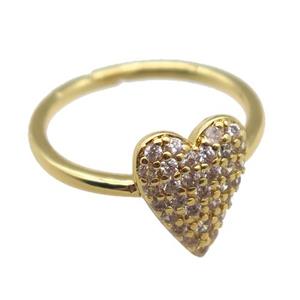 copper Rings pave zircon, heart, Resizable, gold plated, approx 10-12mm, 20mm dia [FN16625]