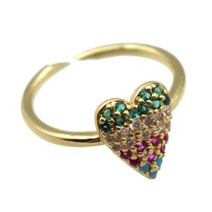 copper Rings pave zircon, heart, Resizable, gold plated, approx 10-12mm, 20mm dia [FN16626]