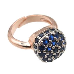 copper Rings pave blue zircon, Resizable, rose gold, approx 13mm, 20mm dia [FN16631]