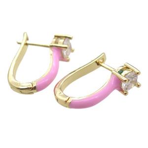 copper Latchback Earrings pave zircon with pink Enameling, gold plated, approx 13-18mm [FN16657]