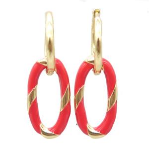 copper hoop Earring with red enameling, oval, gold plated, approx 11-20mm, 14mm dia [FN16691]