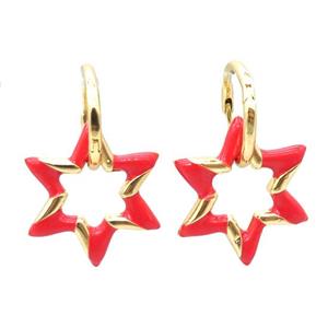 copper hoop Earring with red enameling, star, gold plated, approx 22mm, 14mm dia [FN16697]