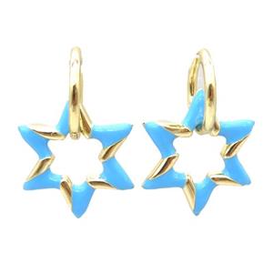 copper hoop Earring with blue enameling, star, gold plated, approx 22mm, 14mm dia [FN16701]