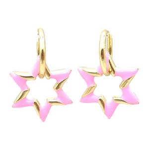 copper hoop Earring with pink enameling, star, gold plated, approx 22mm, 14mm dia [FN16702]