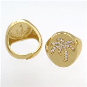 copper Rings pave zircon, Resizable, coconut tree, gold plated, approx 18mm dia [FN16717]