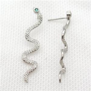 copper snake stud Earrings paved zircon, platinum plated, approx 10-40mm [FN16754]