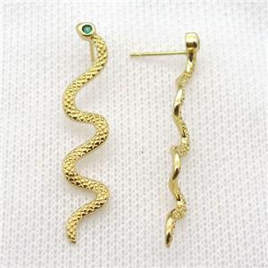 copper snake stud Earrings paved zircon, gold plated, approx 10-40mm [FN16755]