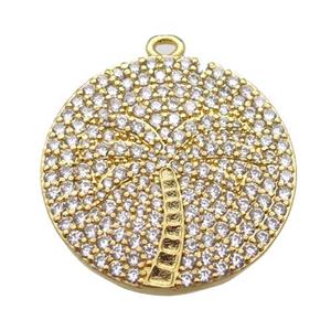 copper circle pendant pave zircon, coconut tree, gold plated, approx 25mm dia [FN16771]