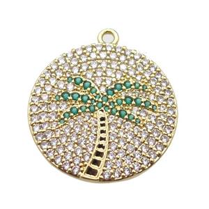 copper circle pendant pave zircon, coconut tree, gold plated, approx 25mm dia [FN16772]