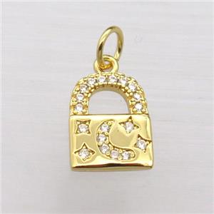 copper lock pendant pave zircon, moon, gold plated, approx 9-12mm [FN20259]