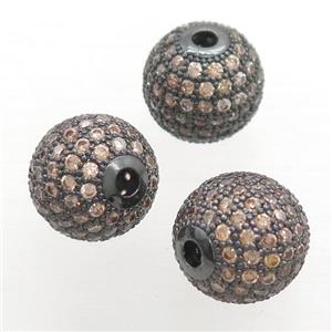 round copper beads pave champagne zircon, black plated, approx 12mm dia [FN20285-12MM]