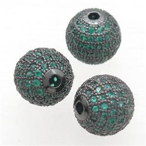 round copper beads pave green zircon, black plated, approx 14mm dia [FN20286-14MM]