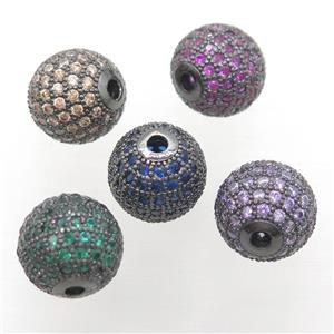 round copper beads pave zircon, black plated, mixed, approx 14mm dia [FN20290-14MM]