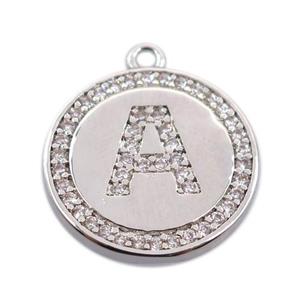 copper circle pendant pave zircon, letter A, platinum plated, approx 16mm dia [FN20299]