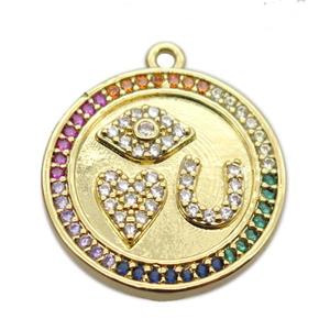 copper circle pendant pave zircon, gold plated, approx 20mm [FN20308]