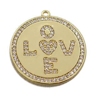 copper circle pendant pave zircon, LOVE, gold plated, approx 25mm [FN20313]