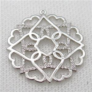copper flower pendant pave zircon, platinum plated, approx 32mm dia [FN20317]