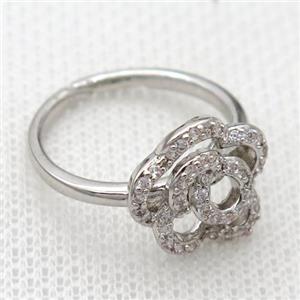 copper Rings pave zircon with flower, platinum plated, approx 13mm, 17mm [FN20335]