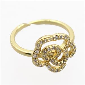 copper Rings pave zircon with flower, gold plated, approx 13mm, 17mm [FN20336]