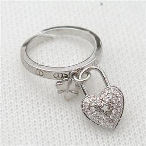 copper Rings pave zircon with heartLock, platinum plated, approx 10-15mm, 17mm dia [FN20340]
