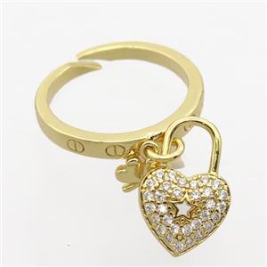 copper Rings pave zircon with heartLock, gold plated, approx 10-15mm, 17mm dia [FN20341]