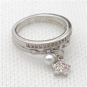 copper Rings pave zircon with star, platinum plated, approx 6mm, 17mm dia [FN20346]