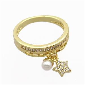 copper Rings pave zircon with star, gold plated, approx 6mm, 17mm dia [FN20347]