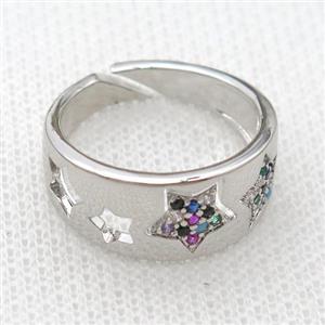 copper Rings pave zircon, star, platinum plated, approx 7mm, 17mm dia [FN20356]