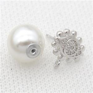 copper Stud Earrings pave zircon, pearl shell, platinum plated, approx 10-13mm, 11mm [FN20382]