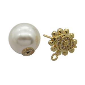 copper Stud Earrings pave zircon, pearl shell, gold plated, approx 10-13mm, 11mm [FN20383]