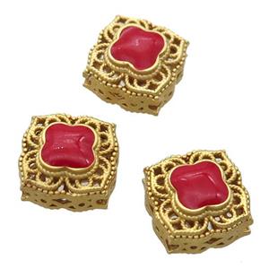 copper square beads with red enamel, unfade, duck gold, approx 11mm [FN20399]