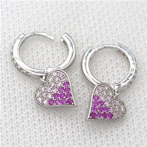 copper Hoop Earrings pave zircon with heart, platinum plated, approx 10-11mm, 14mm dia [FN20407]