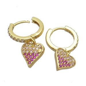 copper Hoop Earrings pave zircon with heart, gold plated, approx 10-11mm, 14mm dia [FN20408]