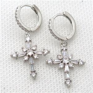 copper Hoop Earrings pave zircon with cross, platinum plated, approx 18-22mm, 14mm dia [FN20412]
