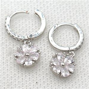 copper Hoop Earrings pave zircon with flower, platinum plated, approx 10mm, 14mm dia [FN20414]