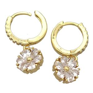 copper Hoop Earrings pave zircon with flower, gold plated, approx 10mm, 14mm dia [FN20415]
